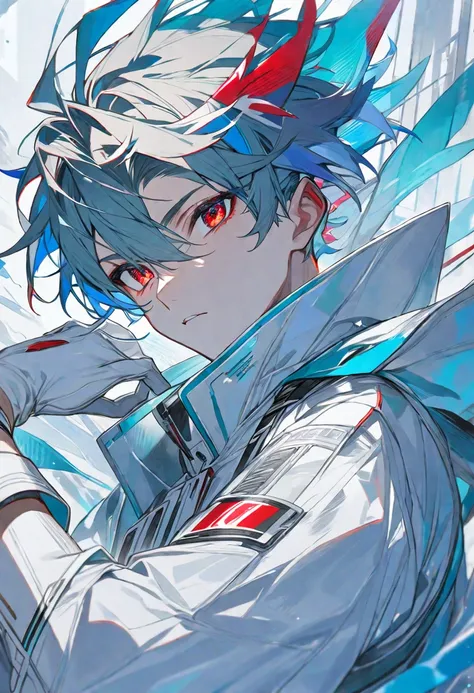 solo, handsome, 1 male, short hair, cyan color hair, red eyes, white coat, white gloves