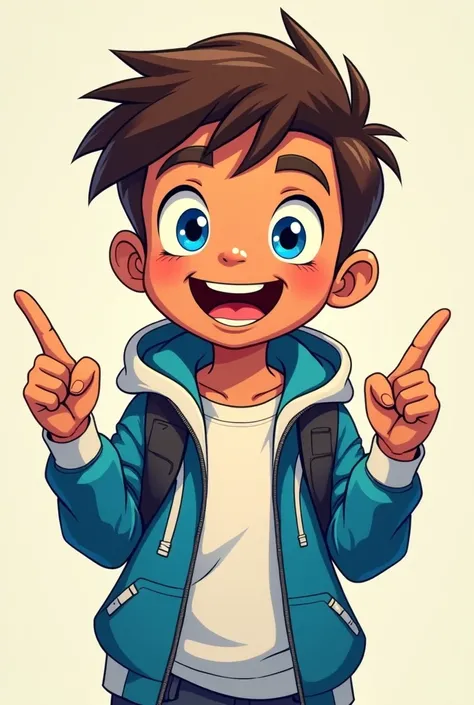  A teenage boy with brown skin and blue eyes ,  with an excited smile . The drawing must be 2D ,  he must be pointing the index fingers of both hands down.  He must be wearing a blue and white jacket 