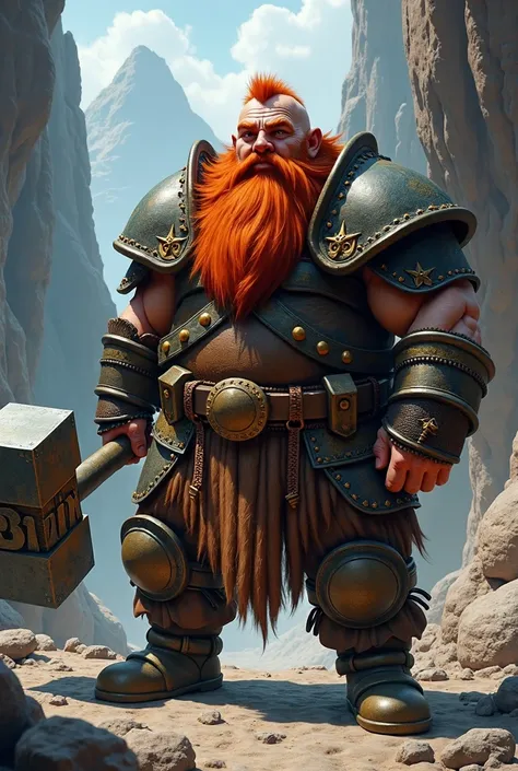  A dwarf with a very long beard tied around his red-haired belt named Blain, who has a giant hammer like a good miner and warrior whose inscription bears his name