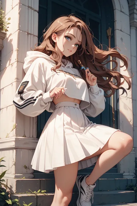  girl, god, thin body,  narrow waist , long brown hair loose hair, wearing a white hoodie, white skirt ,  white sneakers in hand