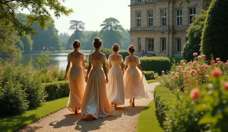 Color photo, photorealistic,A group of women in Victorian-era dresses walking in a garden, manor house On the right side,  with a Lake in the background