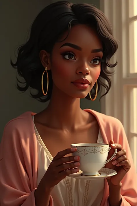 Create a black lady drinking tea