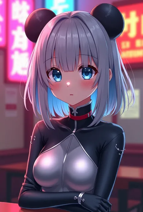  1 woman , Around 18 years old,  look,  smiles,  shortcuts, M-shaped bangs,  bangs between eyes,  Silver Hair,  bob hair,  Blue Inner Color,  panda ear, Human ears cant be seen hidden in hair , Slanted Eyes, Character portrait,  Blurred Background,  anime ...