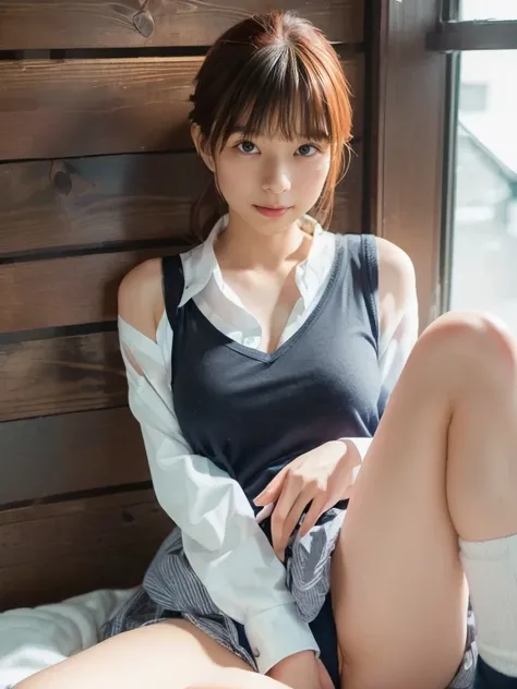 (((The shirt is open to reveal the bra and small bust))), sexy pose to hide over there sitting on the floor, whole body focus, (Sexual violence), ((Tattered high school uniform)), (( horribly Torn high school uniform )), (((Scary look))), (((tears))), (((C...