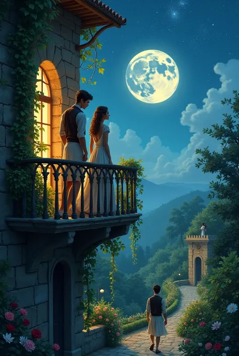  " A romantic night with a young woman on a stone balcony covered with vines, watching a young man in a garden .  The starry sky and the moon fill the scene with magic ."
