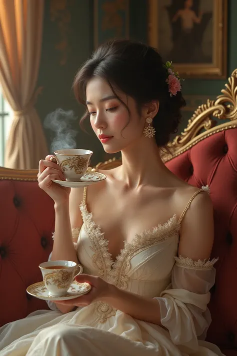 Create a lady drinking tea