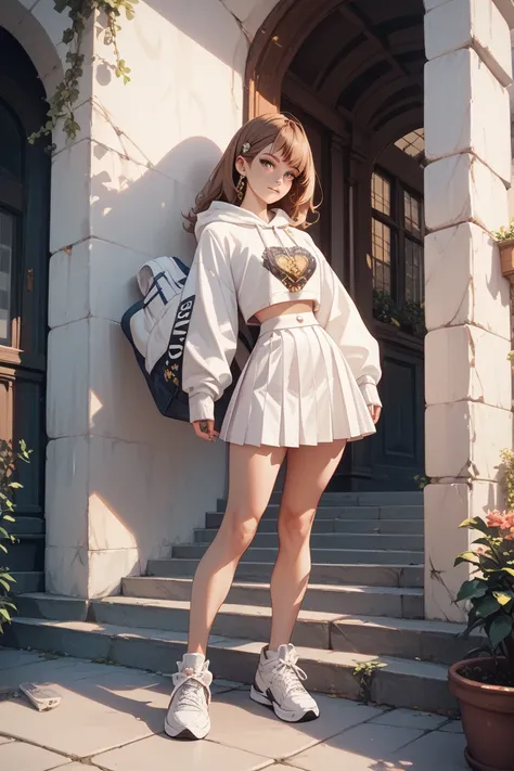  girl, god, thin body, ,  narrow waist ,  Long brown hair , wearing a white hoodie, white skirt ,  white sneakers in hand