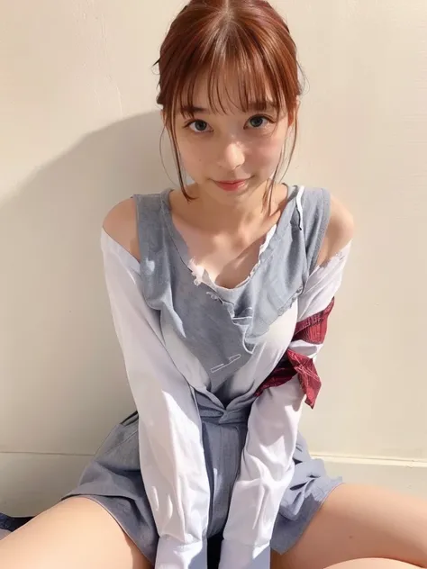 (((The shirt is open to reveal the bra and small bust))), sexy pose to hide over there sitting on the floor, whole body focus, (Sexual violence), ((Tattered high school uniform)), (( horribly Torn high school uniform )), (((Scary look))), (((tears))), (((C...