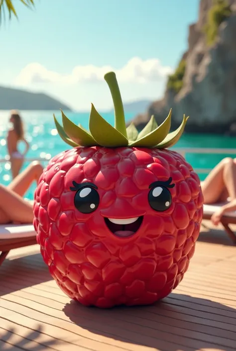 A cute and cheerful raspberry character with a big smile and shiny eyes, its plump red surface slightly textured to highlight its charm. Both the raspberry and the lamborghini are on a luxurious yacht deck, surrounded by beautiful women relaxing on lounge ...