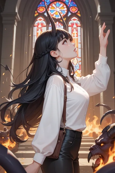 Manhwa type anime girl ,  Wavy black hair ,  white skin white long sleeve shirt ,  black pants , his body is facing forward, standing looking up,  her arm is raised holding a light .  It is surrounded by multiple demons on the sides ,  behind and in front ...