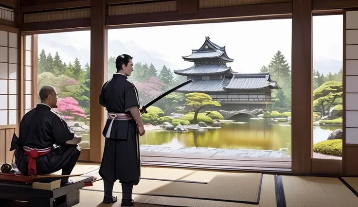 Samurai  practicing wooden sword with his samurai dad in edo style castle outside has a view of ancient beautiful Japanese garden anime realistic