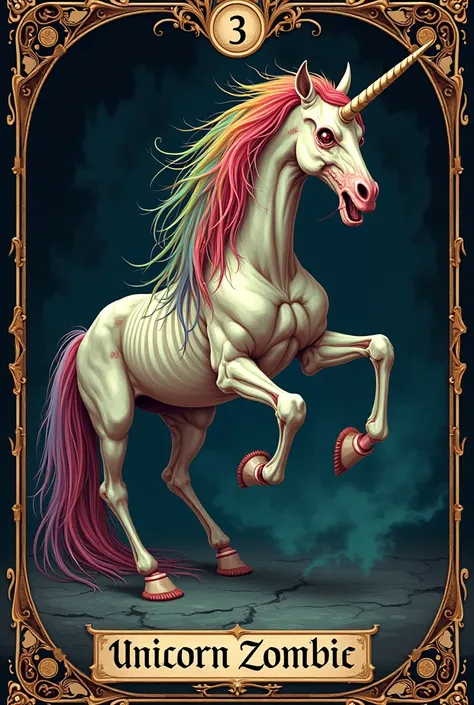 A tarot card of a satanic zombie unicorn  
, with a rainbow mane with the words unicorn zombie written in Baroque