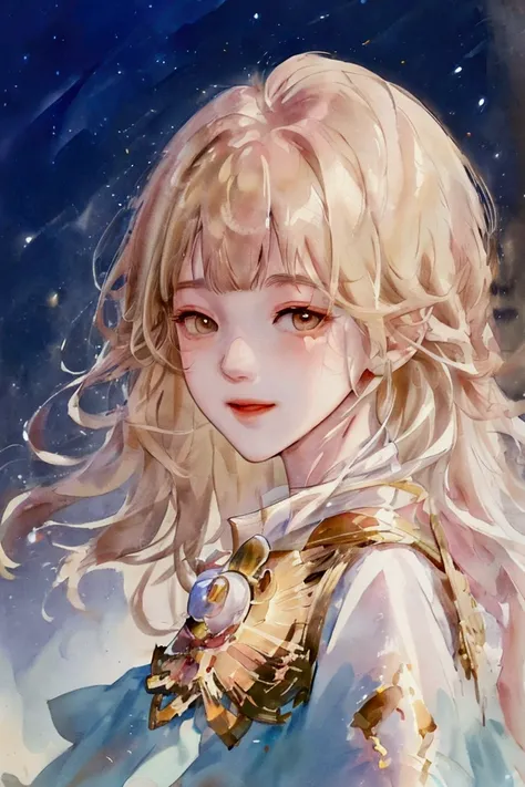 Queen,  golden hair, white eyes, long long long long long hair blowing in the wind, goddess of gold, tall, smiling slightly, white white skin, outwards bangs, white eyes, pale pale skin, tall, , light leaks, cool-toned color grading, extreme close-up