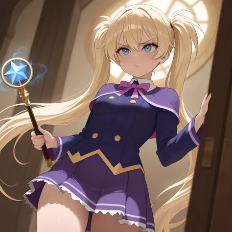  One Girl 　Age 15　150cm　 wizard　witch　Blonde　 twin tails　 long hair　 blue eyes　 Slender 　 small breasts　Magic School Uniform　Archmage Wand 　 tsundere　 Witchs Chapeau　 Miniskirt 　 Staring at Me 　anime style,　game CG,　  Vivid RPG Portraits　 pixiv contest win...