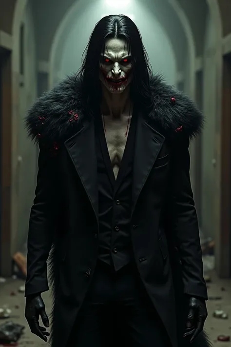  Create a white-skinned man ,  red eyes ,  long black hair ,  blood oozing from his mouth he wears a black suit with black wolf skin.  His appearance is raw and strong . It looks a bit dirty 