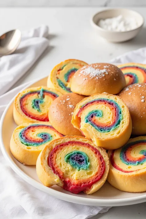 A joyful and colorful image featuring freshly baked rainbow rolls, delicately arranged on an elegant, modern plate. The rolls have perfectly rolled shapes, with a golden, slightly crispy outer layer that contrasts with the soft and airy interior. Each roll...