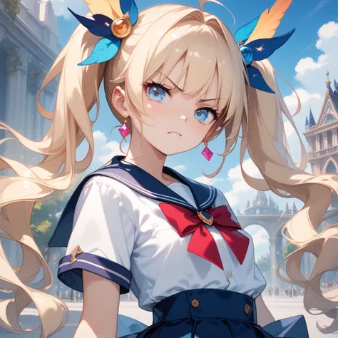  One Girl 　Age 15　150cm　 wizard　witch　Blonde　 twin tails　 long hair　 blue eyes　 Slender 　 small breasts　Magic School Uniform　Archmage Wand 　 tsundere　 Witchs Chapeau　 Miniskirt 　 Staring at Me 　anime style,　game CG,　  Vivid RPG Portraits　 pixiv contest win...