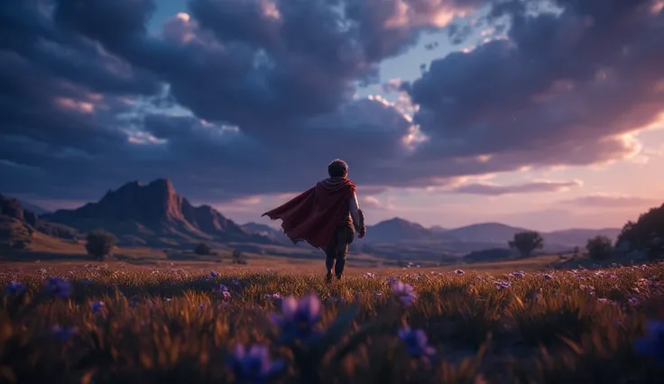 " A lonely and profound image of Samson walking alone through a vast and desolate field .  His firm steps echo in the silence of the landscape ,  as the gentle wind shakes his cape and hair . The sky,  tinged with shades of deep blue and purple ,  reflects...