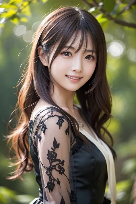 Japanese model wearing a long skirt dress,   Japanese idol 、Full dress,  fantasy dress,  Elegant and Attractive Cosplay , Japanese model wearing fantasy style formal attire ,  black shimecut hairstyle,  looking at camera、Detailed and beautiful eyes、 cute s...