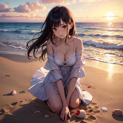 A beautiful woman is squarting and picking shells on the beach by the sea waves after the sun set. Looking at the sands ground.