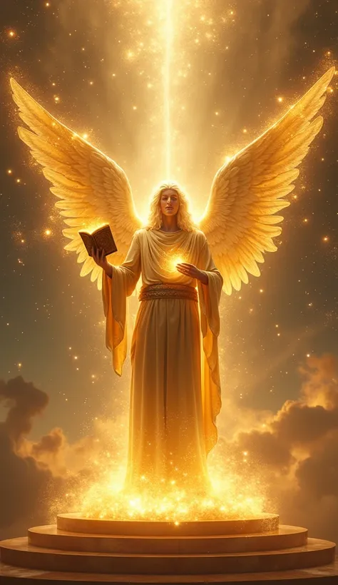 A celestial figure of Metatron, glowing with an otherworldly golden light, standing on a radiant platform surrounded by swirling galaxies and ethereal orbs. His face shines like the sun, veiled by divine radiance, and his towering wings span the heavens, i...