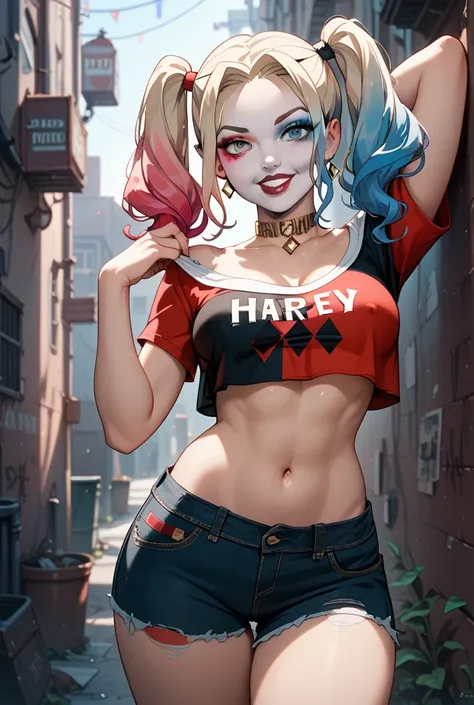 Harley Quinn, sexy, medium breasts, dark alley background, high detail, masterpiece.