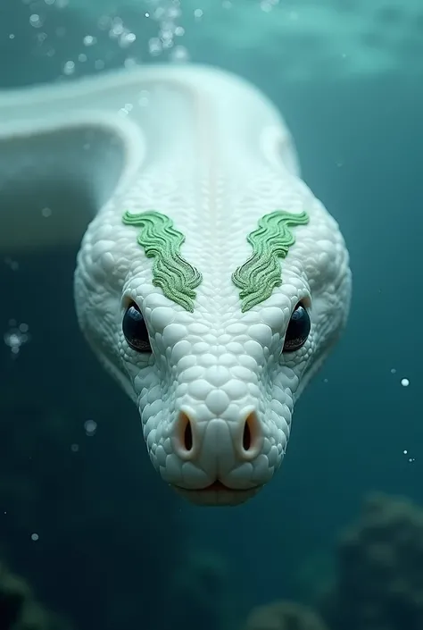  Giant white snake with green details on the eyebrows at the bottom of the sea ,  all you can see is the head because the body is blurred in the blue of the sea. She looks straight at me .