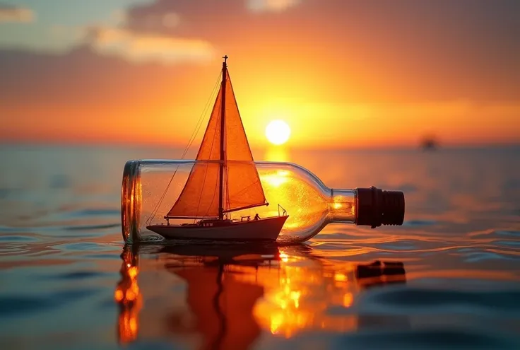 
The image features a striking visual of a miniature sailboat enclosed in a glass bottle, floating on water during a vivid sunset. The glass bottle captures the golden-orange hues of the setting sun, which aligns perfectly with the sailboats mast, creating...