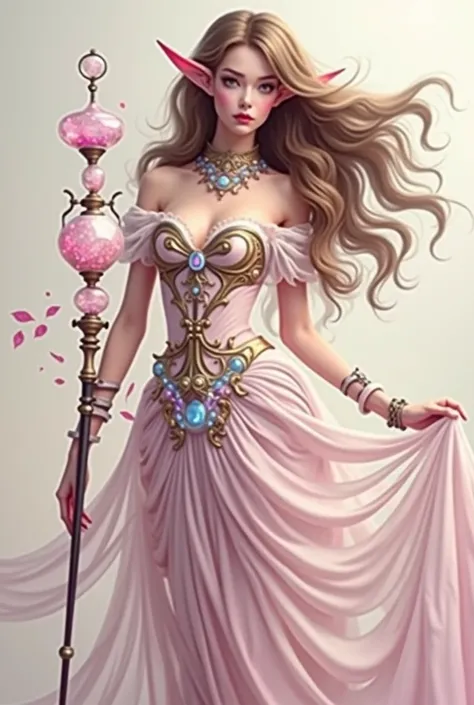 Super detailed high-quality 8K stunning, high-quality digital artwork of a beautiful elven lady with a steampunk cane. The background is a crisp white canvas, allowing the vibrant colors of the artwork to stand out. The lady elfs attire is adorned with int...