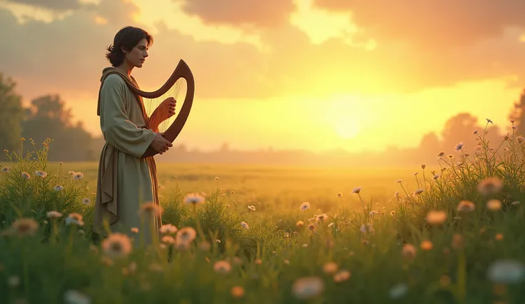  A young shepherd in a verdant field , surrounded by , at dawn. He holds a harp in his hands ,  with a look of serenity and faith . On the horizon,  a golden sky with soft rays of sunshine. 3d drawing