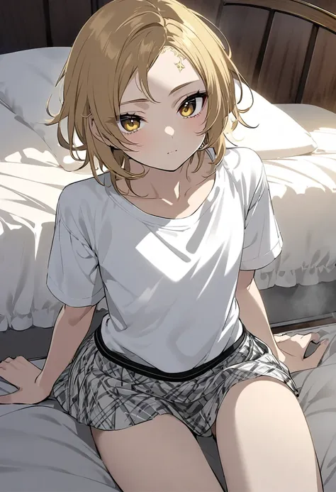 Femboy, shota, short, slim, light skin, gold eyes, medium-length gold hair, curtain bangs showing forehead, HD, white t-shirt, mini skirt, bedroom, in bed, cute