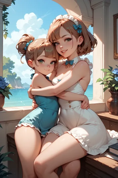 1 brown-haired girl, with small breasts, small waist, big hips and thighs, flat abdomen hugging 1 pretty girl in a dress