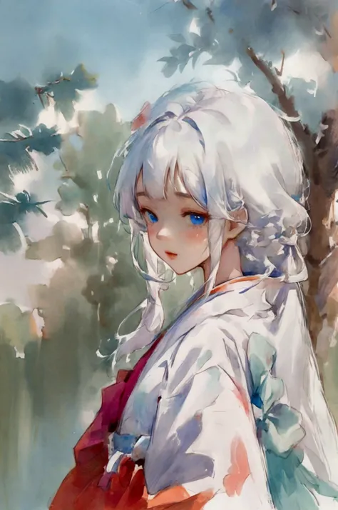 Girl, white blouse, blue eyes, white hair, raining, kimono, looking at view up close