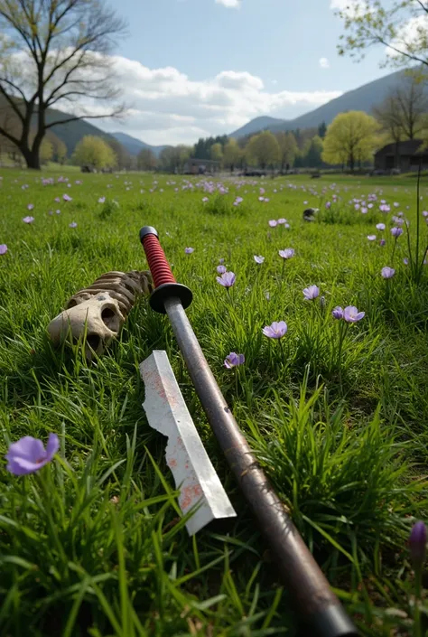  A beautiful Japanese katana with a ragged, broken blade lies amidst the flowers of a beautiful spring prairie,  and next to it is the skeleton of a samurai ,  the remains of a war that happened a long time ago .Focus on katana . The country is broken ,  t...