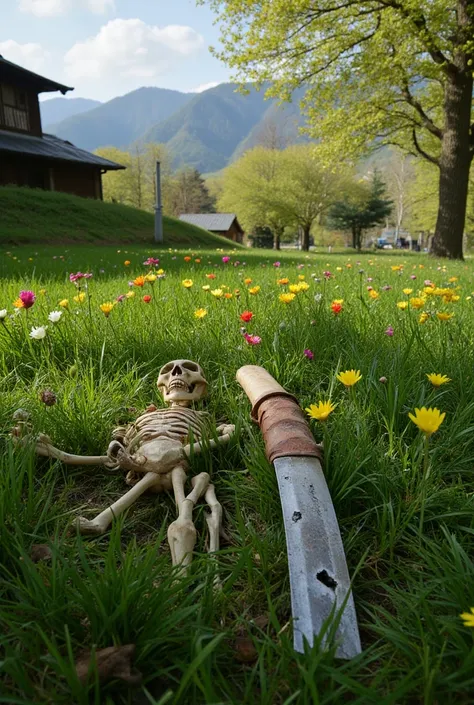  A beautiful Japanese katana with a ragged, broken blade lies amidst the flowers of a beautiful spring prairie,  and next to it is the skeleton of a samurai ,  the remains of a war that happened a long time ago .Focus on katana . The country is broken ,  t...