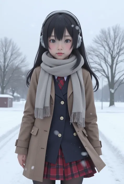 High school girl in uniform、 Japanese、pea coat、Snow Scene、 headphones、 scarf,boob,nude