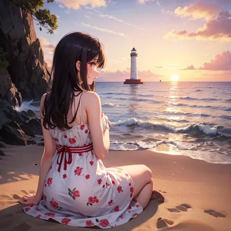 View from behind of A beautiful woman is sitting on the sand beach by the sea waves after the sun set. Her eyes are Looking at the sea. Wearing a floral pattern summer dress.

Two hands are back of the body on the sand. She is looking away.

A lighthouse i...