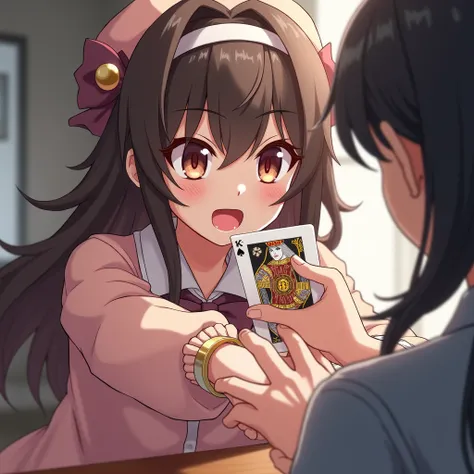 anime style girl taking a card from another guy hand without him noticing, cunning