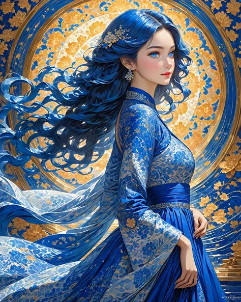 "A beautiful and radiant young woman , with long waves of blue hair shining with light . Her dress,  adorned with complex and elegant patterns in cobalt blue, highlights her figure with grace,  while her bearing reflects confidence and sophistication . his...