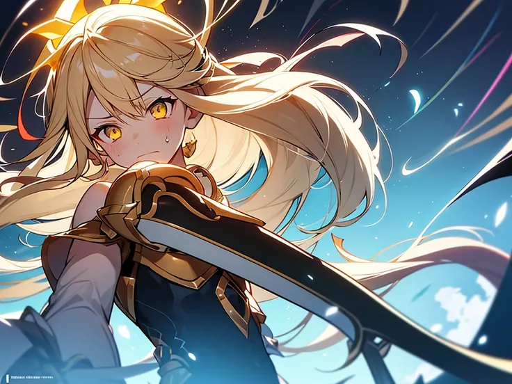 girl, anime, day, yellow eyes, blonde hair, Small Red Strands, Short Hair With Long Strands, (Hair With Bangs On Forehead, glowing Eyes, Hair Highlight, 2 Golden Feathers In Hair), Golden Knights Armor Of Chain And Plate, Solid Golden Skirt, Long Brown Boo...