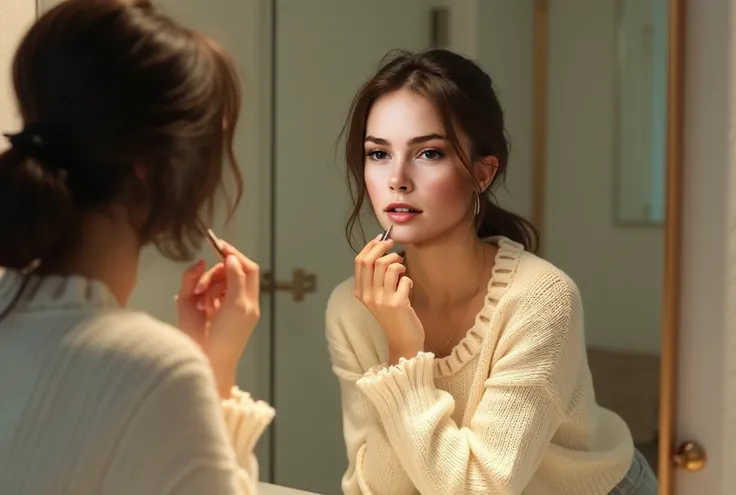 a young woman, 20 years old, round face, ivory white knit sweater, light gray miniskirt, in the bathroom, applying lipstick and looking in the mirror, detailed realistic portrait, photorealistic, high resolution, 8k, extremely detailed face, beautiful deta...