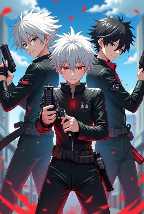 Create 3 persons anime teens boys one with white hair and red glowing eyes and a cool black uniform for figthing and the other one with black hair red  glowing eyes and a cool fighting uniform and the last one with white hair  green eyes
And a gun mixed wi...