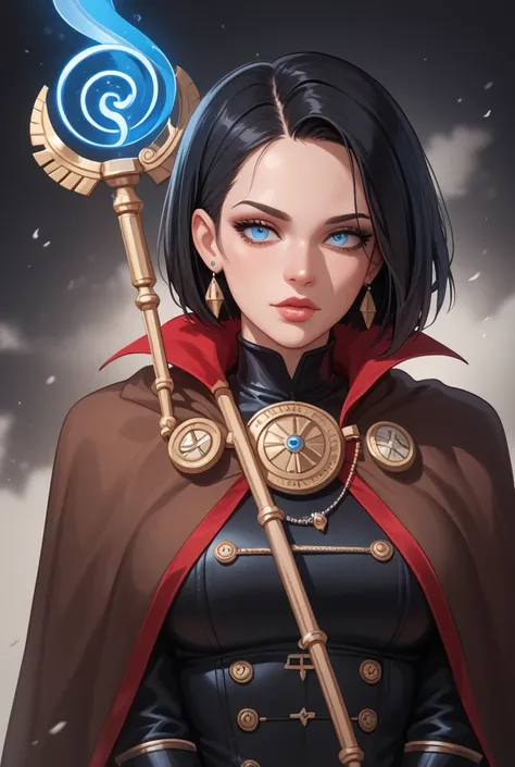  a woman of short stature ,  with short, black hair that frames her pale face ,  highlighting her symmetrically cut fringe .  Her intense blue eyes emanate an unsettling cold ,  reflecting her enigmatic and dark nature .  Its posture is upright and imposin...