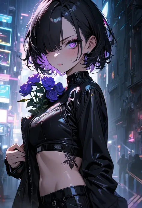 1girl,solo,portrait of my girlfriend,really pretty,eyelashes,carrying flower,side shot,black skinny jeans,bedazzling purple eye looking at you,serious eye,intense gaze,black hair covering one eye,cyberpunk,black sports bra,black skirt,goth tattoo,abdomen,b...