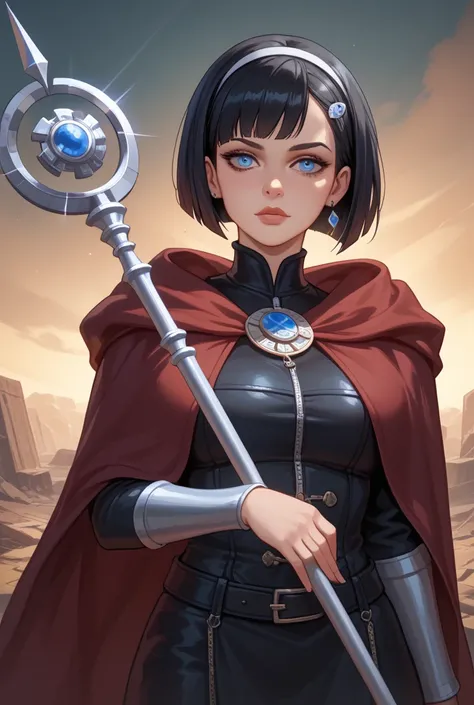  a woman of short stature ,  with short, black hair that frames her pale face ,  highlighting her symmetrically cut fringe .  Her intense blue eyes emanate an unsettling cold ,  reflecting her enigmatic and dark nature .  Its posture is upright and imposin...