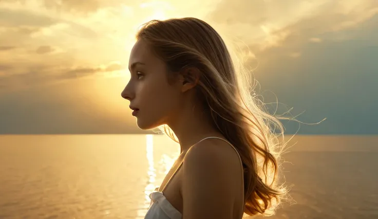 Ultra Realistic , em full hd,
"A young female figure ,  backwards,  looking at an intense light on the horizon .  The background mixes clear sky with ethereal clouds and golden tones,  creating a heavenly atmosphere . Ao longe, In the light ,  a subtle sil...