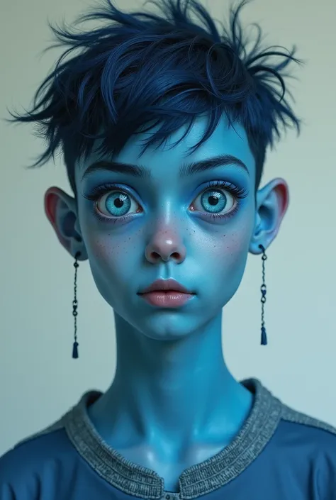 Boy, teenager, with blue skin and blue eyes wearing brown Jessy 