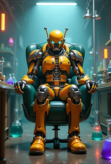 This model should retain the exact face depicted in the photo, similar to modok his lower half is half machine sitting in a hovering chair overlooking a massive laboratory with colorful beakers below and all around him