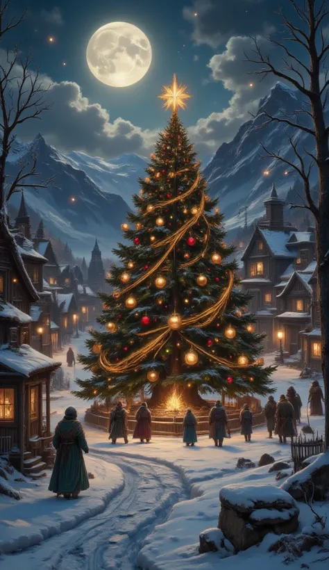 masterpiece, 8k, HDR, 3 D, best quality, photography, analog style, real life, extremely beautiful, (highly detailed, intricately detailed), An image of a cozy snowy village during the Christmas holidays. The streets are decorated with bright lights and ga...