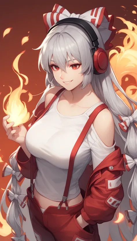 1girl, solo, closed_eyes, headphones, tada_riina, , , , , tank_top, smile, jacket, clothes_writing, upper_body, , off_shoulder, midriff, bare_shoulders, Flames in all bodies, flames in hands,zzMokou, red eyes, hair between eyes, grey hair, hair bow, hair r...